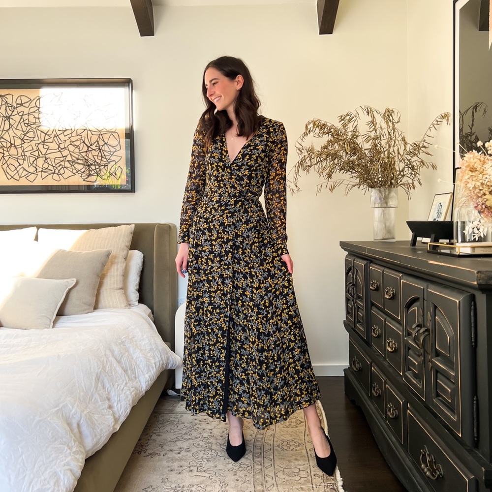 Ganni Black Marceau Georgette Floral Wrap Casual Maxi Dress